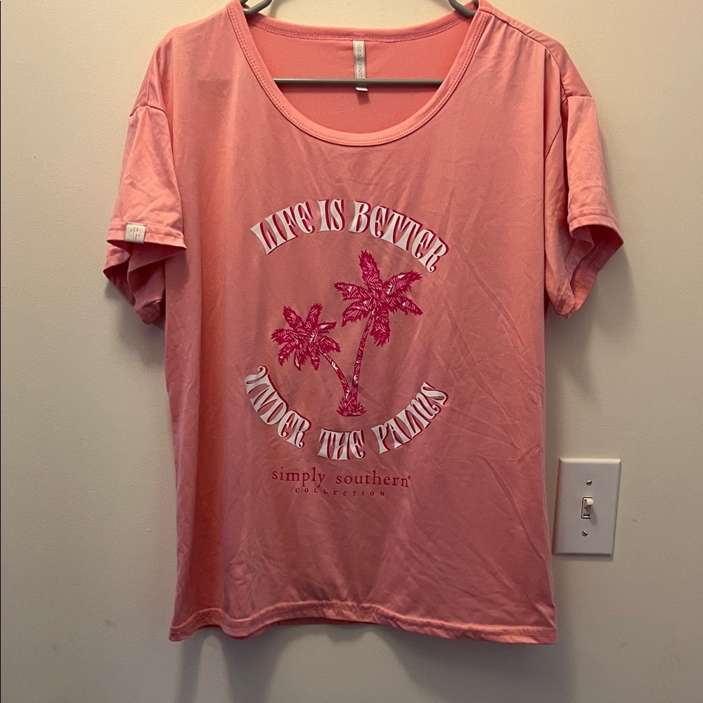 Simply Southern Pink Palm Tree Graphic Short Sleeve Tee size large
